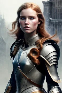 ultrarealistic, concept art, ruined city,__intricate fantasy armor__, no star, __angles__, 18 year old woman, strikingly beautiful,ginger hair, _colour_, (pale __skincolor__ skin:1.2), __camera__, _hair_, detailed face and eyes, medium breasts, sci-fi theme, freckles, dynamic pose, resolved expression, __accessory__, strappy outfit, (straps:1.1), sword in scabbard on left hip, (buckles, buttons, snaps, rings:1.0), haltertop style breastplate, detailed eyes, plump lips