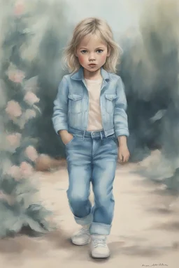 Illustration of kate moss as a toddler, jeans, in the yard , ,style of Marcel Marlier, pastel colors