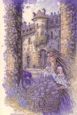 The courtyard of an ancient French castle, beautiful perfect faced woman with a basket of lavender in her arms by Jean-Baptiste Monge, watercolor and ink, intricate details, fantasy, beautiful, award winning, colorful, fantastic view, crisp quality in sunshine