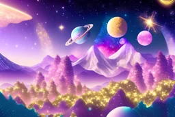 fairy panorama white castel purple mountains pink trees, , starry sky with silver and gold spaceships and planet blue starred sky with big silver spaceships, and gold planets