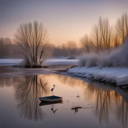 Winter light; soft winter light at dusk, small boat on the river, some people walking, remnants of melting snow, peaceful and serene, beautiful view, a lone heron is in the foreground, elegant, intricate, beautiful, award winning, colourful, focused, nikonD850