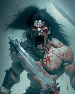 screaming scary zombie human berserker meaty black hair big greatsword