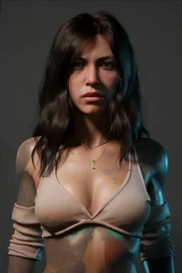 Ultra Realistic image, 25 years old brunette woman, Madrid, portrait, small stature, too small chest, yakuza body tattoo, vibrant color, highly detailed, art stations, concept art, smooth, unreal engine 5, god rays, ray tracing, RTX, lumen lighting, ultra detail, volumetric lighting.