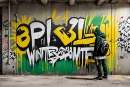 painted on concrete wall of underpass a graffiti shows a young cyberpunk hacker and graffiti text in white all-caps text: "WINTERMUTE"; street art, graffiti green-yellow-black triotone, wall painted matte black and yellow and deep red, semi-front view, low angle, daylight, cinematic, dramatic