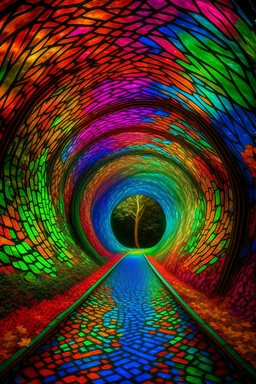 In the heart of an untouched 8K high-definition primeval forest, a mesmerizing kaleidoscope of colors unfolds within a timeless tunnel, creating a vivid gateway to another dimension. The rich hues of nature paint the scene, as if time itself is woven into the very fabric of the lush surroundings.