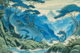 A blue watery coast with water dragons near a rainforest painted by Katsushika Hokusai