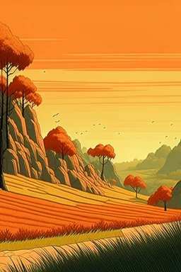 Rice field，Trees，Warm color palette，Animation，cliff