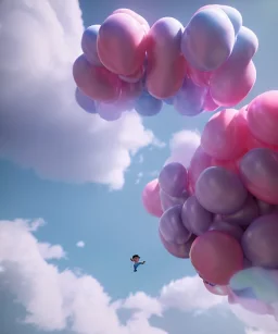 Ultra realistic clouds sky scene, wide angle, medium shot view, portrait, sweet Childs, free jumping flying, trinkets, monster hair, jelly beans, balls, smile, happy, Peter Pan style, inflatable color clothing, extreme, wind, clouds sea, 20,000 feet altitude, stratosphere, soft color, highly detailed, unreal engine 5, ray tracing, RTX, lumen lighting, ultra detail, volumetric lighting, 3d, finely drawn, high definition, high resolution.