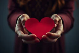 Woman hands hold heart in red paper. Camera settings : Full-frame , 100mm lens, f/1.2 aperture, ISO 100, shutter speed 60 seconds. Cinematic lighting, Unreal Engine 5, Cinematic, Color Grading, real time Photography, Shot on 70mm lense, Depth of Field, DOF, Tilt Blur, Shutter Speed 1/2500, F/13, White Balance, 45k