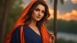 Hyper Realistic 3rd-rule-view of a Beautiful-Young-Happy-Pashto-Woman-with-beautiful-eyes-Smiling with-navy-blue-dress-&-orange-shawl & breeze-whirling in a jungle-with-tall-trees & cloudy-sunset-&-sun-rays showing dramatic & cinematic ambiance