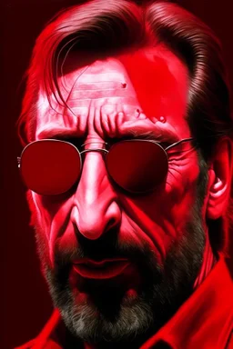 an evil, intimidating looking Hans Gruber wearing red-tinted glasses