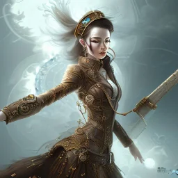 steampunk, masked female monk, falling from heaven, long hair, full-body