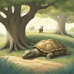 Storybook illustration of the Tortoise and Hare fable, lazy Hare is sleeping under an oak tree, by Jonny Duddle, whimsical, by Shaun Tan,