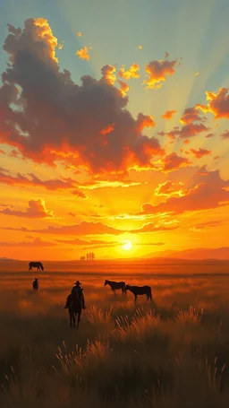 sunset in the prairies, old western, painting based on grainy photo