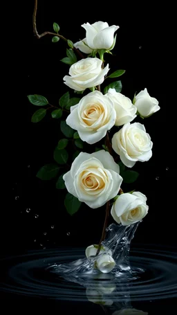 The image is a digital artwork that depicts a branch of tree of white roses tangling in to a water in vase with aThe rose floats on the surface of the water, creating a wave-like effect. The background is black, which makes a branch of a tree of white roses stand out even more. Water droplets are scattered adding to the dreamy, ethereal quality of the image. The a