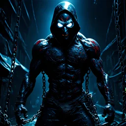 A dark, shadowy figure with glowing white eyes, entangled in chains, in a dark, dramatic, and high-contrast environment. The figure should have a sleek, liquid-like texture with red and black highlights. Background filled with abstract, chaotic elements. Highly detailed and cinematic style. --v 5 --ar 16:9 --q 2 --style cinematic