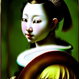 Portrait of a japanese long hair woman green sad eyes looking to viewer beautiful busty voluptous by JOHANNES VERMEER Ingres 8k