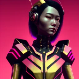 Medium Close Up Portrait, Front image. cyberpunk Asian woman, pink short hair. rabbit mask, latex suit. Red, black, gold, color. Punk style. Gradient background, highly detailed, concept art, smooth, unreal engine 5, god rays, ray tracing, RTX, lumen lighting, ultra detail, volumetric lighting, 3d, finely drawn, high definition, high resolution.