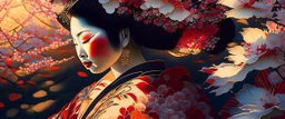 Japanese Geisha, illustration, digital art ,Vintage, , God Rays, vibrant colours, stylish ,Gorgeous art , GOD LIGHTING, Eiko Ishioka costume designer,, 32Κ, macro realistic,macro, sunbeams,beautiful, insanely detailed, cherryblossom zen garden, manga,anime,