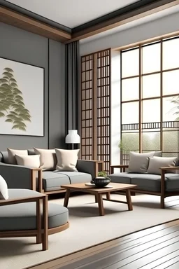 Japanese style interior design with a sofa and armchair