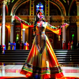 azeri female full bdy with traditional dance clothing in modern stage in a royal hall