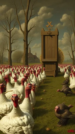 Hieronymus Bosch style , field full of turkeys in line stoping by The guillotine