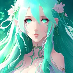 a pastel fantasy image of a woman in an anime style, the woman has green hair and her eyes are blue, she has long hair and she is beautiful