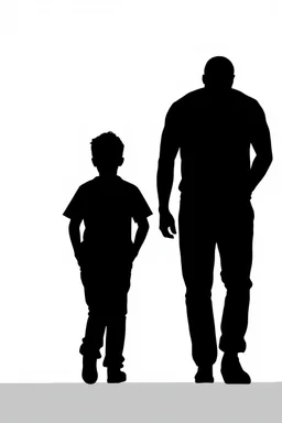 black silhouette of two adult men, one tall and muscular, the other short and thin, walking away from the camera on solid white background