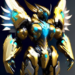 Android concept , realistic, golden and cyan ratio, symmetric, gundam, mecha, transformer, metallic shiny armour , curcuits, leds, weapons on forearms, intricately detailed, ray tracing, octane render, armored core, catalyst, katana, glowing, single eye, weapons on shoulders, winged