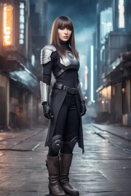 Full Body Photo Of A Woman With Straight Hair And A Fringe Hairstyle, heroic stance, Sci-Fi street Background, with boot