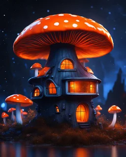 An illogical floating mushroom house on a clear moonless night. . Bright Bold Bright Colors, orange blue white, Starry Dark cosmic interstellar. Detailed Matte Painting, deep color, fantastical, intricate detail, splash screen, hyperdetailed, insane depth, concept art, 8k resolution, trending on Artstation, Unreal Engine 5, color depth, backlit, splash art, dramatic, High Quality Whimsical Fun Imaginative Bubbly, perfect composition