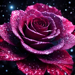 a (frozen:1.1) cosmic rose, the petals glitter with a crystalline shimmer, swirling nebulas, 8k unreal engine photorealism, ethereal lighting, red, nighttime, darkness, surreal art, black background