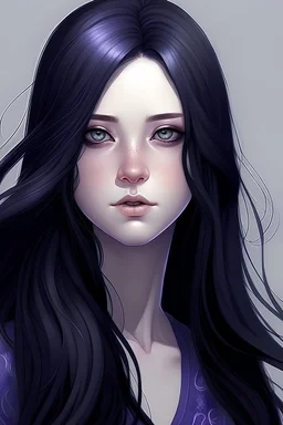female with long black hair hair and lavender eyes,