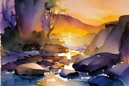 Sunset, rocks, fantasy, mountains, epic, john singer sargent watercolor paintings