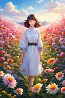 a woman standing in a field of flowers, portrait of girl in flower field, girl standing in flower field, beautiful anime portrait, girl standing in a flower field, realistic anime art style, beautiful anime art style, realistic cute girl painting, beautiful anime art, stunning anime face portrait, woman standing in flower field, girl frontal in a flower field, realistic anime artstyle