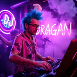 A DJ performing at dance club, his name DJ DRAGAN and looks crazy, crazy blue hair with glasses. Neon lights and smog, DJ DRAGAN SIGN ON WALL
