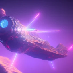 a crystalised blue pink spaceship, gold, diamonds, lightbeams, cosmic background, atmospheric, realistic, unreal engine, 8k. Cinematic lighting, octane render.