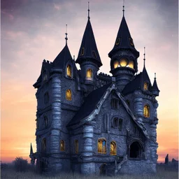 nightsky, blue, black, fields, abandoned buildings, ruins, cottage, gothic castle, metallic, gold, shiny,