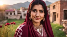 A photographic close shot of a beautiful a young Pakistani pashto woman (age 25 with beautiful black hair & pretty eyes) in a beautiful traditional maroon & white checkered dress with maroon dupatta happily standing outside beautifully decorated village houses made bricks with long grass & little colorful flowers & waterfall from mountains far behind her at beautiful cloudy sunset with sun-rays on her face showing cinematic & dramatic ambiance.