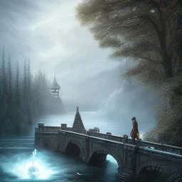 fantasy art, book illustration, upper body of big mad wizard in front of the ebony stairs of a bridge or dam ,icy water, on the bridge is a wolf, there is also a hawk and everything is seen from the tree tops