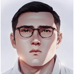 mysterious youthful Russan male, man,A man's face, dark and intriguing, confident, intense, handsome, anime style, retroanime style, cool style, dark black short hairs, Caesar cut style hairs, white shirt, squea glasses for vision, white man, black brown eyes, middle lips, A small smile, The head looks straight ahead