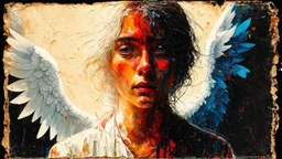 old worn postcard, Portrait Light and darkness in one person, angel and demon in one person, abstract art additional colors small details,