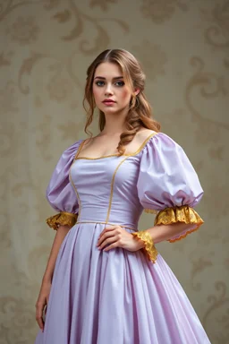 На ней было платье блио сиреневого и золотистого цвета, рукава в стиле рукава Марии.