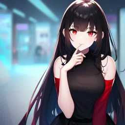 Clear focus,High resolution, black long hair, Vibrant red eyes, Emo style, Black skirt, wearing a black shirt sleeveless, Wearing black and red cutsleeves, Hand near chin