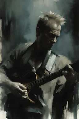 Sting singing, perfect hands, perfect fingers, dark mysterious esoteric atmosphere, digital matt painting with rough paint strokes by Jeremy Mann