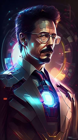 Produce an image of the real Tony Stark with incredible and unseen previously standing confidently amidst his cutting-edge inventions, exuding youthful energy and determination. The surroundings should showcase sleek design, with vibrant lights and technological marvels that highlight Tony's brilliance.