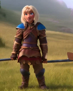 strong medieval warrior with short blond hair, blue eyes and wide warm smile with an axe with green and brown clothes