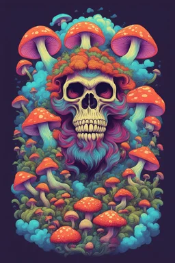 Psychedelic monkey skull surrounded by clouds and overgrown with psychedelic mushrooms. Digital drawing. Colorful. t-shirt design