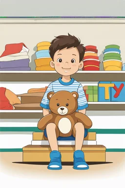 a young boy sitting on a shelf holding a teddy bear,7 years old, shirt