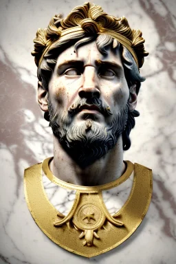 Ultra Realistic image, Roman sculpture, white marble material, Lionel Messi, gold Laurel leaves wreath, renaissance ornaments, one gold star in heart, marble and gold ornaments background, chisel style, waist up portrait, emperor style, epic, celestial, cinematic lighting, God light, god rays, 4k resolution, smooth details, ornate details, soft lighting, unreal engine 5, art station, substance 3d.